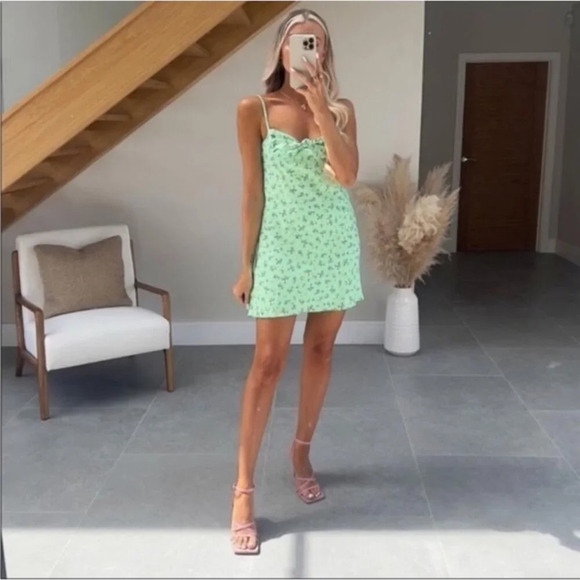 Zara Floral Satin Effect Knot Front Bustier Mini Dress Green Size  Medium - Picture 5 of 12